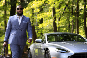 La Perla Sterling Ascot with a blue double breasted blazer, white dress shirt, and blue pocket square. Only available at SterlingAscots.com