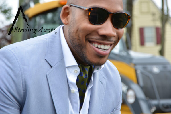 The Botanical Sage Sterling Ascot. The Look: Green Ascot with white dress shirt with white collar, and a powder blue suit. Available only at SterlingAscots.com